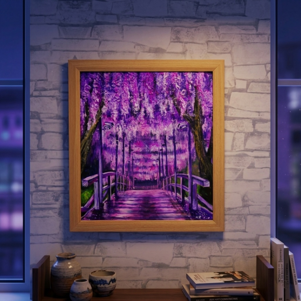 「藤の橋」初夏の訪れを告げる油絵・原画:藤棚と太鼓橋の風景画(色紙/額縁込)母の日・新築祝い