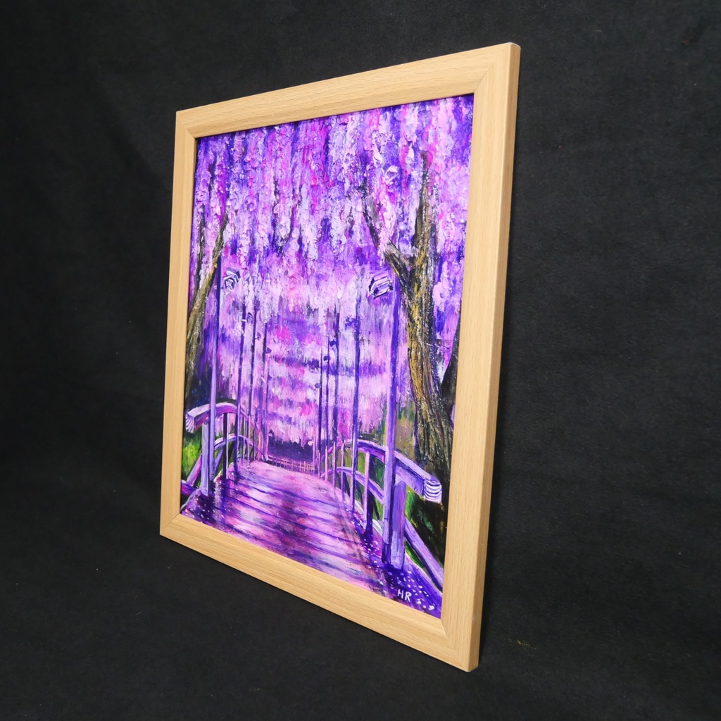 「藤の橋」初夏の訪れを告げる油絵・原画:藤棚と太鼓橋の風景画(色紙/額縁込)母の日・新築祝い