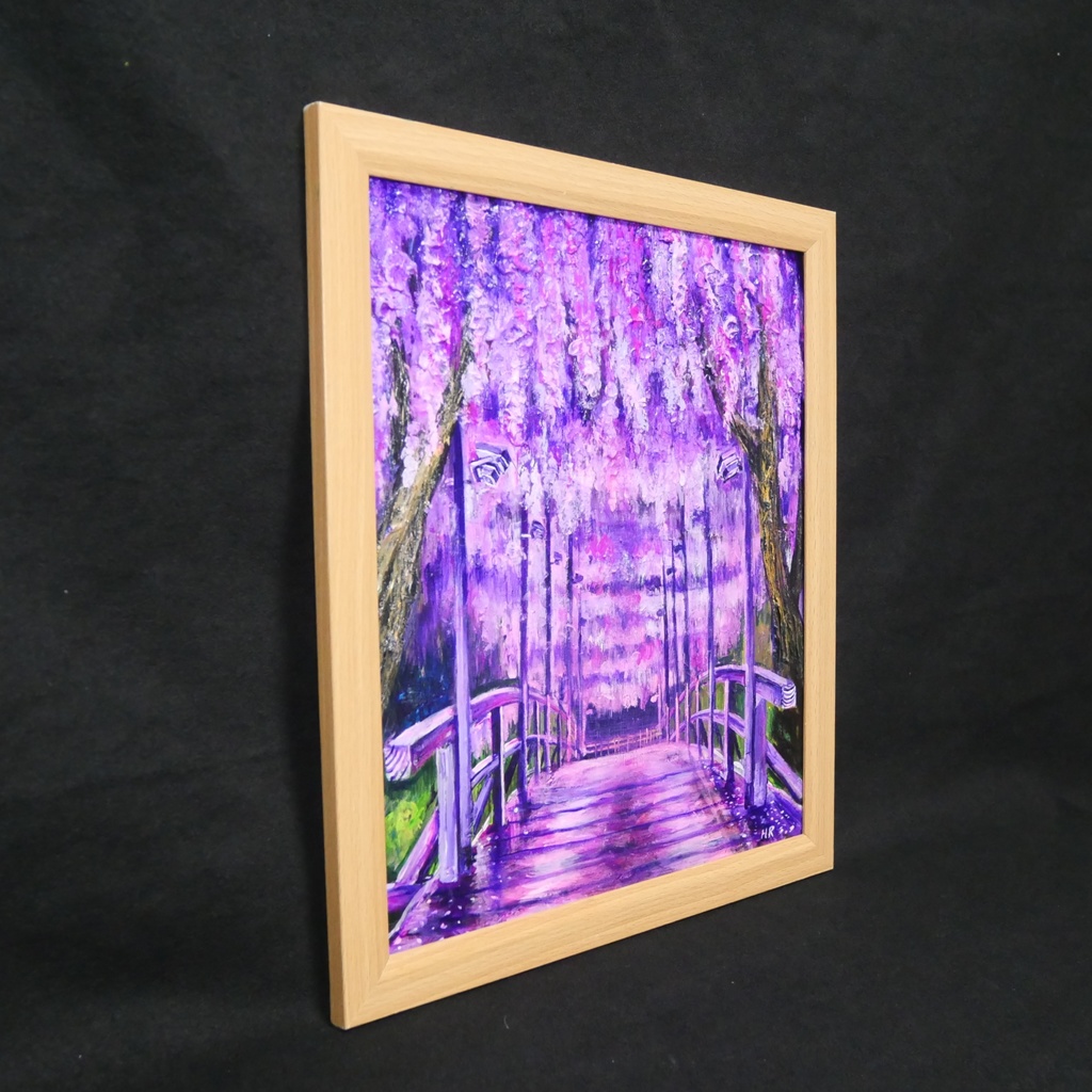「藤の橋」初夏の訪れを告げる油絵・原画:藤棚と太鼓橋の風景画(色紙/額縁込)母の日・新築祝い