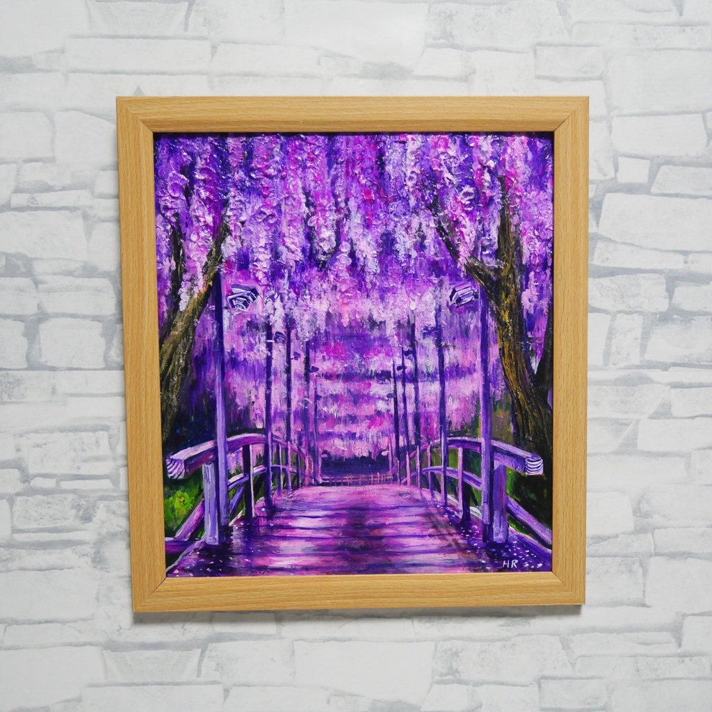 「藤の橋」初夏の訪れを告げる油絵・原画:藤棚と太鼓橋の風景画(色紙/額縁込)母の日・新築祝い