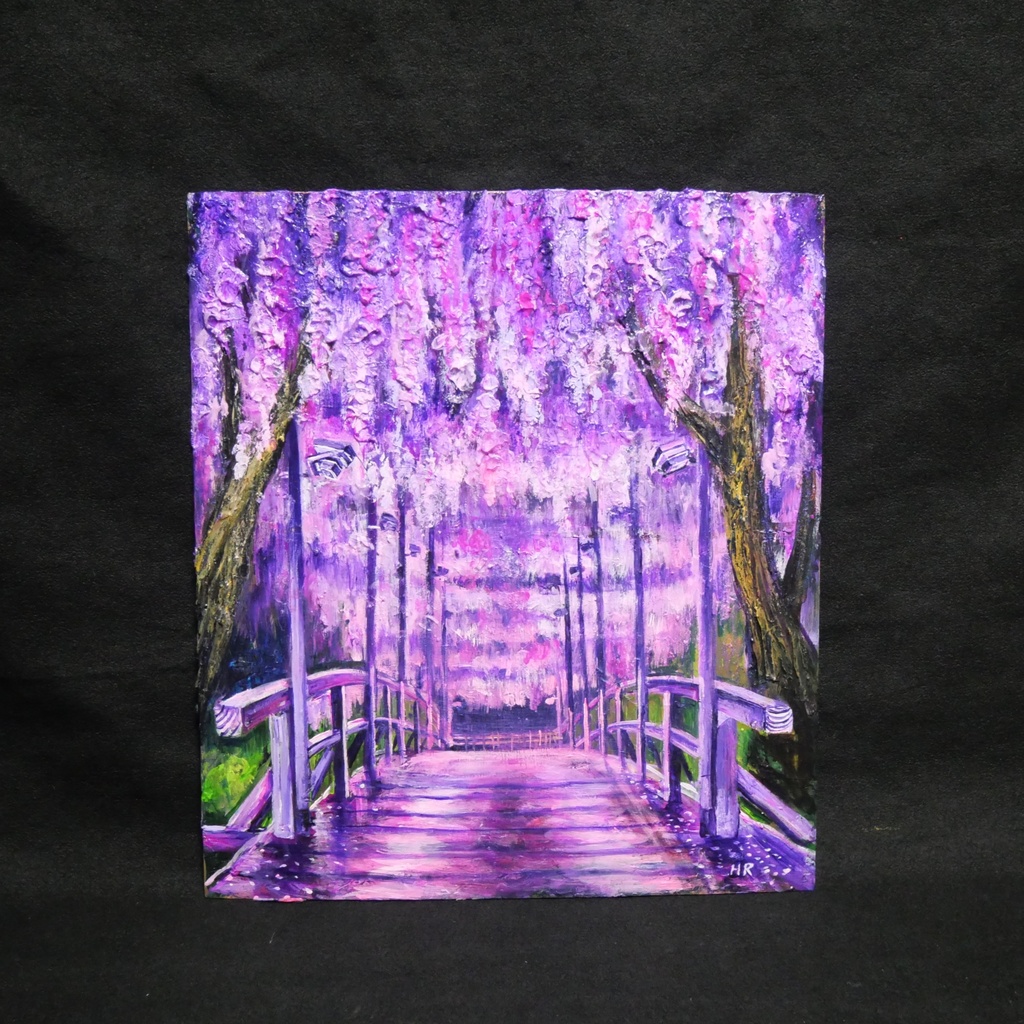 「藤の橋」初夏の訪れを告げる油絵・原画:藤棚と太鼓橋の風景画(色紙/額縁込)母の日・新築祝い
