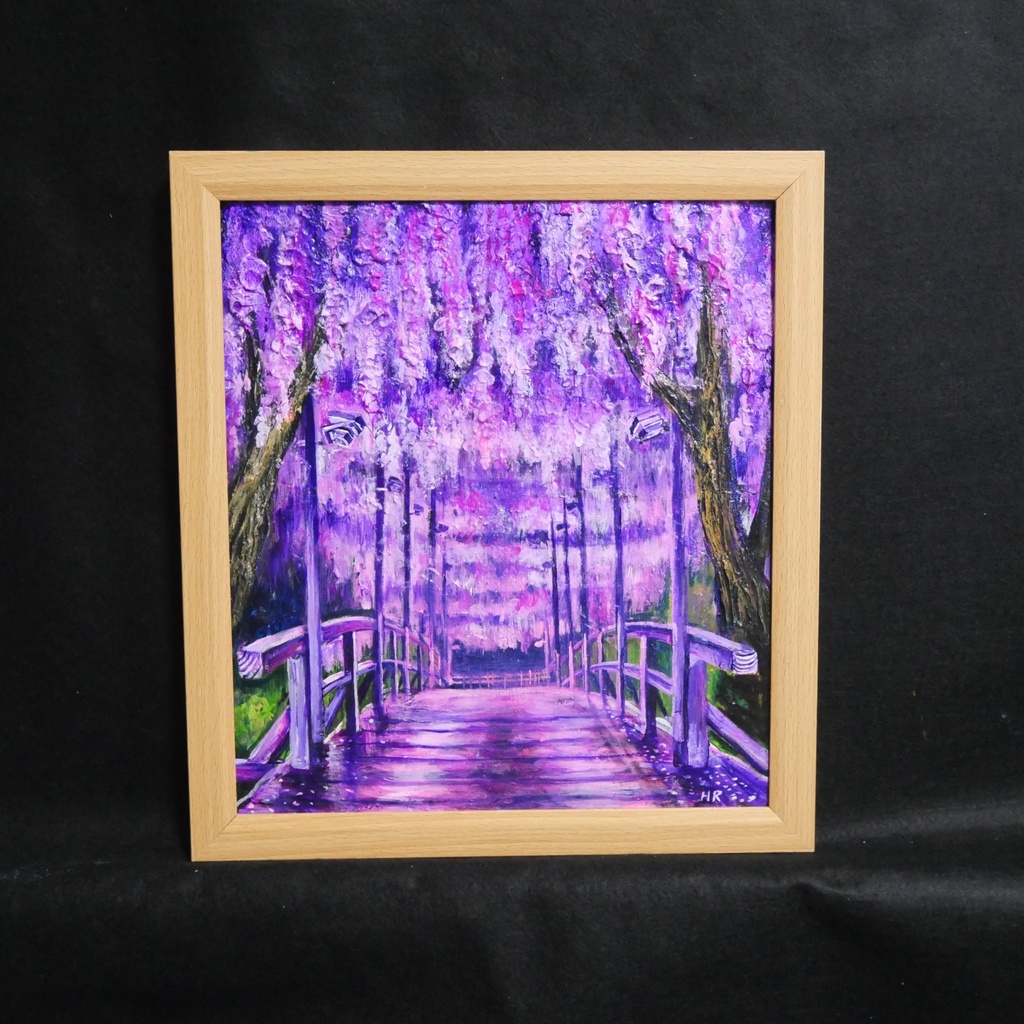 「藤の橋」初夏の訪れを告げる油絵・原画:藤棚と太鼓橋の風景画(色紙/額縁込)母の日・新築祝い