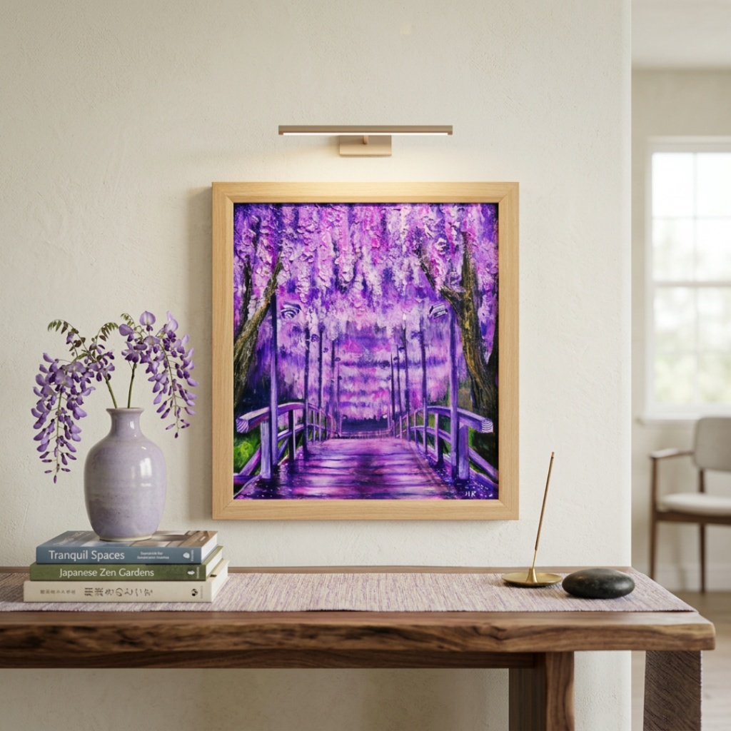 「藤の橋」初夏の訪れを告げる油絵・原画:藤棚と太鼓橋の風景画(色紙/額縁込)母の日・新築祝い