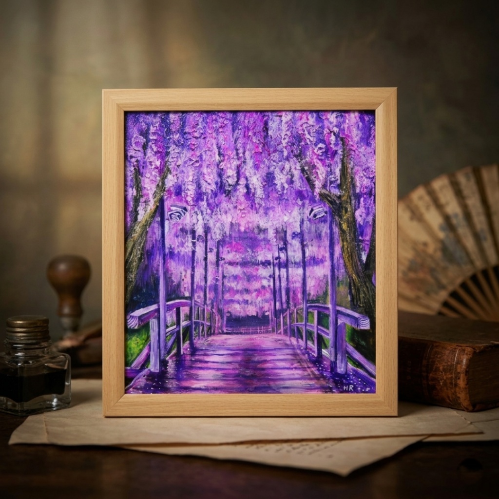 「藤の橋」初夏の訪れを告げる油絵・原画:藤棚と太鼓橋の風景画(色紙/額縁込)母の日・新築祝い