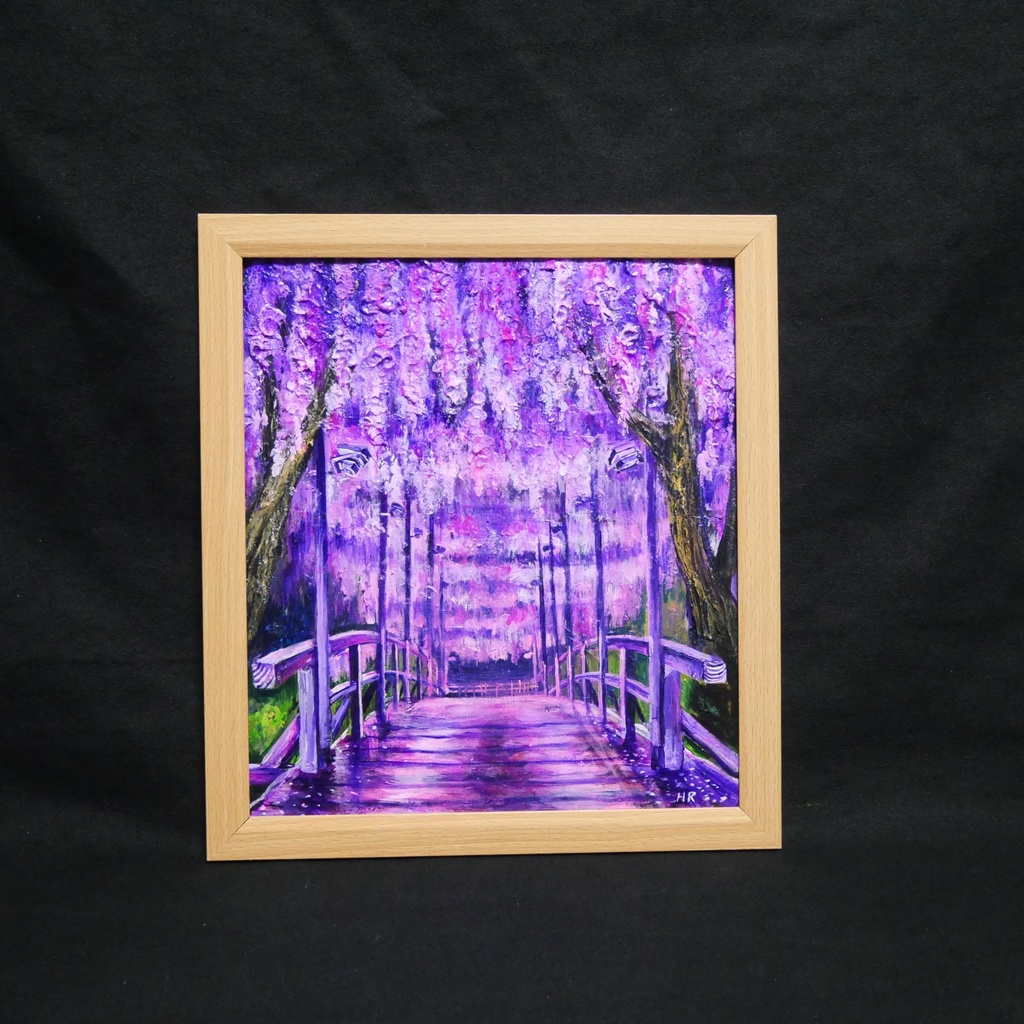 「藤の橋」初夏の訪れを告げる油絵・原画:藤棚と太鼓橋の風景画(色紙/額縁込)母の日・新築祝い