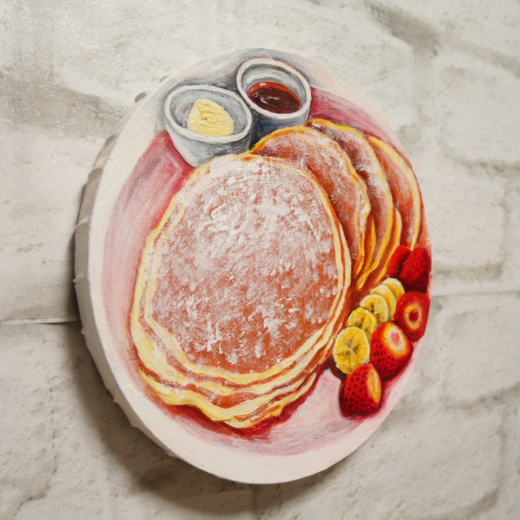 至福のひととき。甘い香りに包まれるパンケーキの油絵 カフェ風インテリア