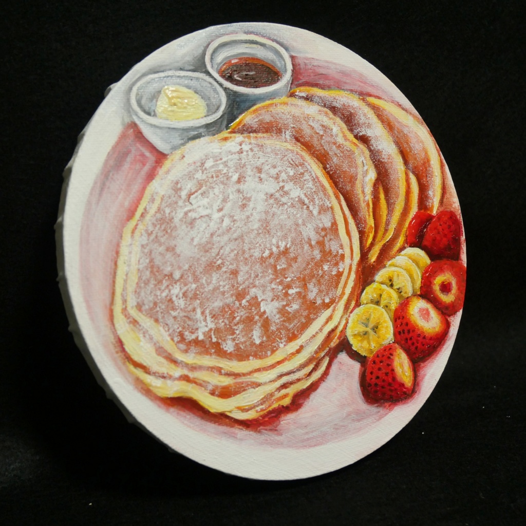 至福のひととき。甘い香りに包まれるパンケーキの油絵 カフェ風インテリア