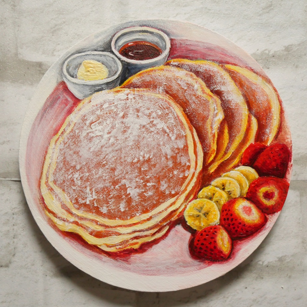 至福のひととき。甘い香りに包まれるパンケーキの油絵 カフェ風インテリア