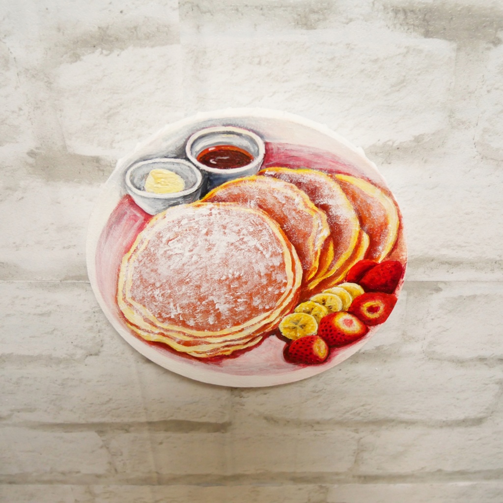 至福のひととき。甘い香りに包まれるパンケーキの油絵 カフェ風インテリア