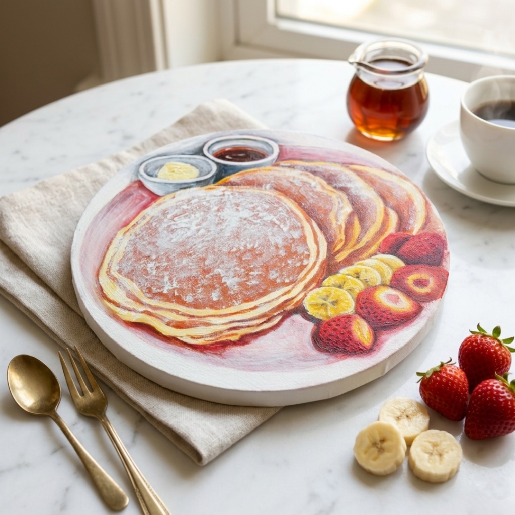 至福のひととき。甘い香りに包まれるパンケーキの油絵 カフェ風インテリア