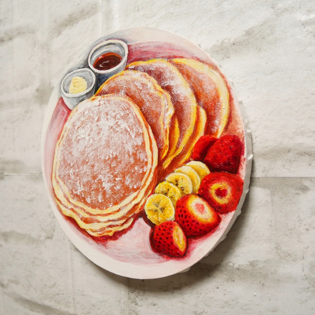 至福のひととき。甘い香りに包まれるパンケーキの油絵 カフェ風インテリア