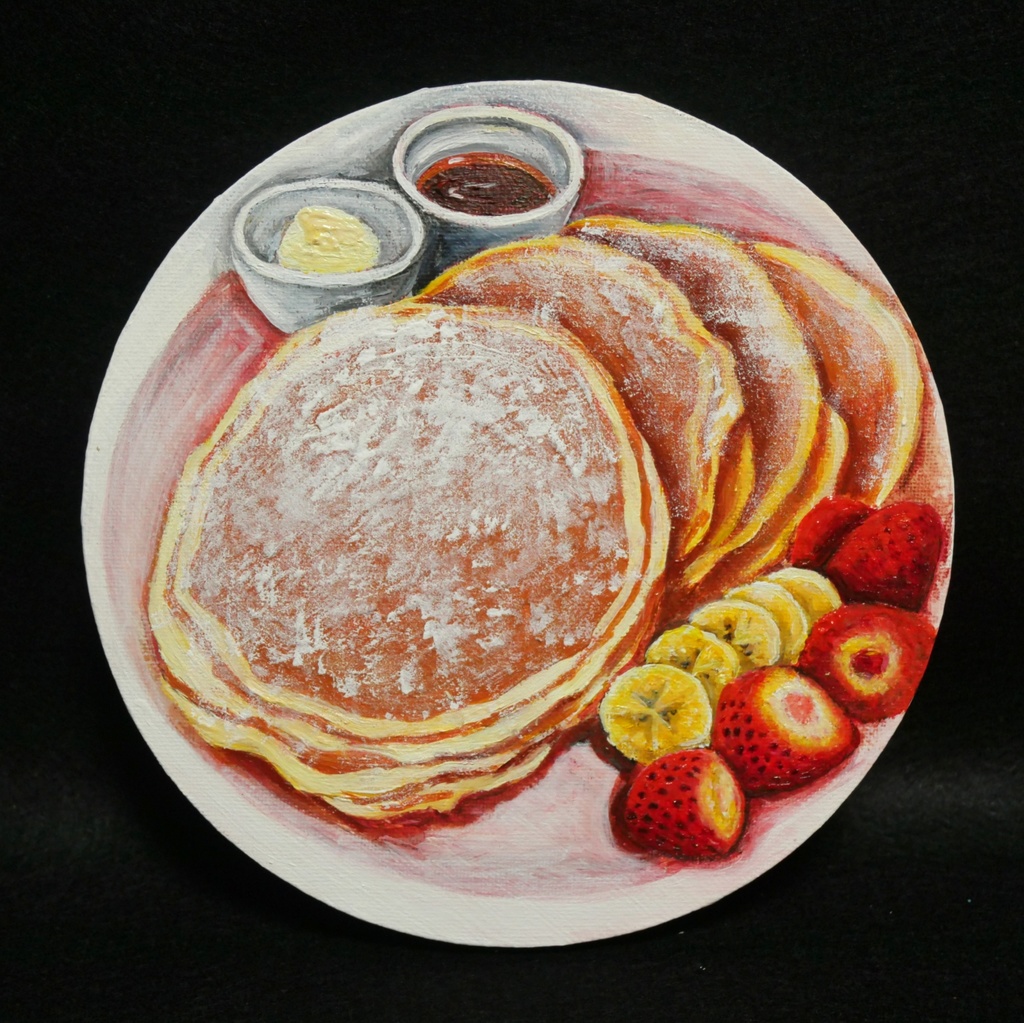 至福のひととき。甘い香りに包まれるパンケーキの油絵 カフェ風インテリア