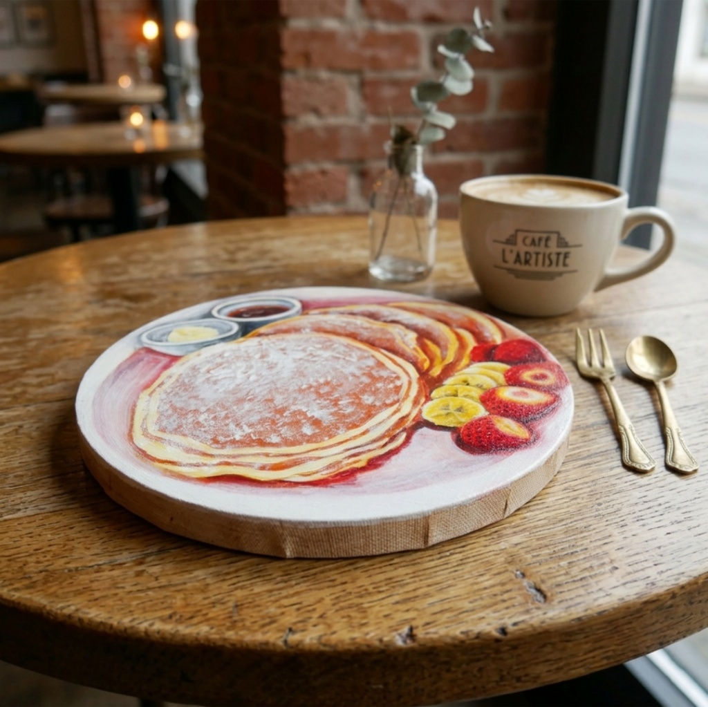 至福のひととき。甘い香りに包まれるパンケーキの油絵 カフェ風インテリア