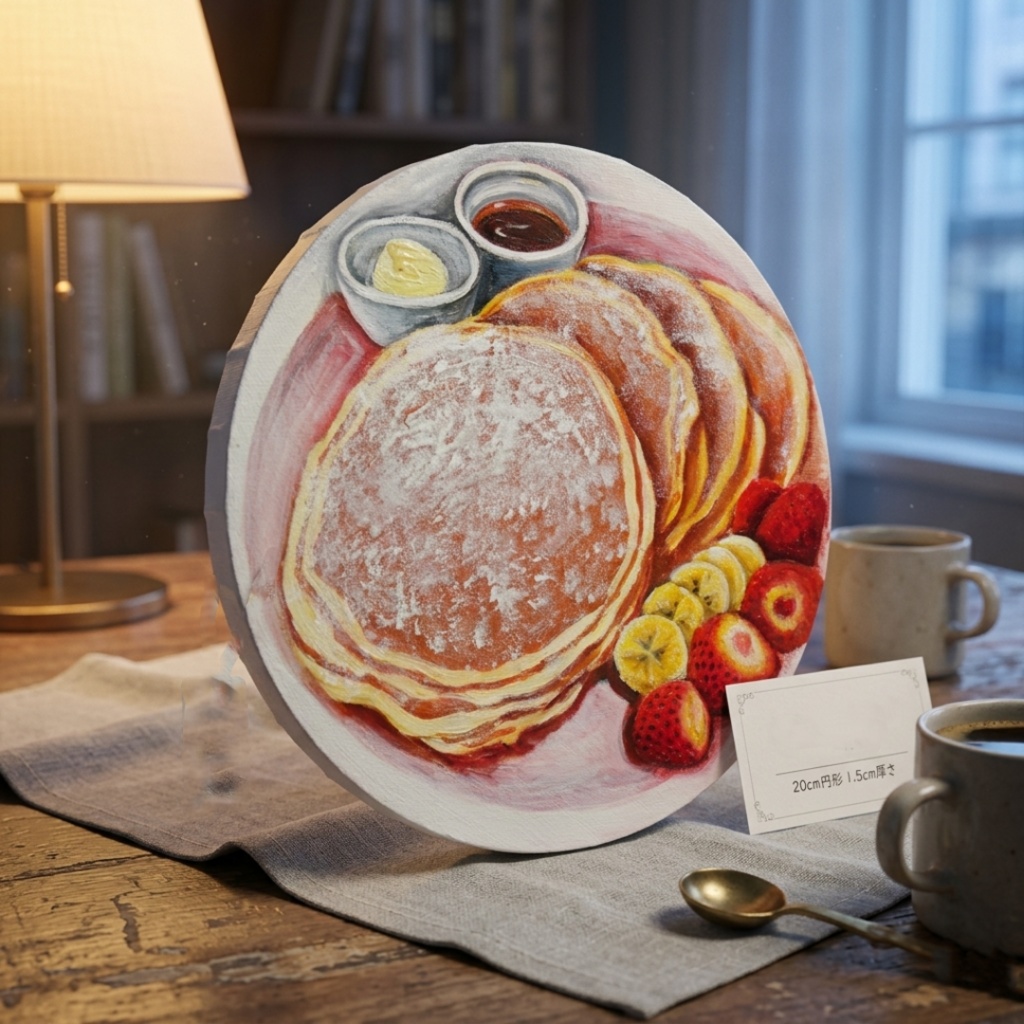 至福のひととき。甘い香りに包まれるパンケーキの油絵 カフェ風インテリア