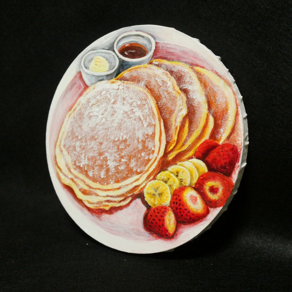 至福のひととき。甘い香りに包まれるパンケーキの油絵 カフェ風インテリア