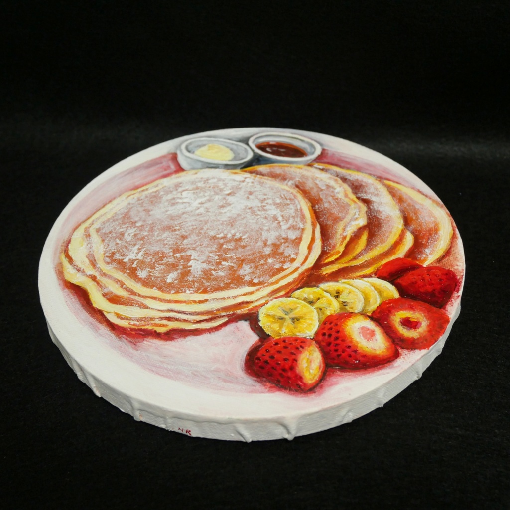 至福のひととき。甘い香りに包まれるパンケーキの油絵 カフェ風インテリア