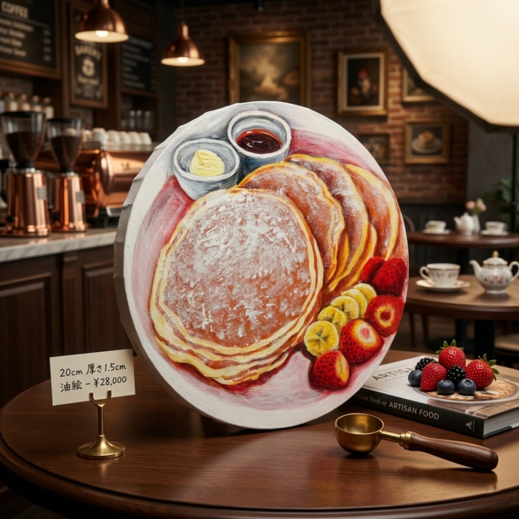 至福のひととき。甘い香りに包まれるパンケーキの油絵 カフェ風インテリア
