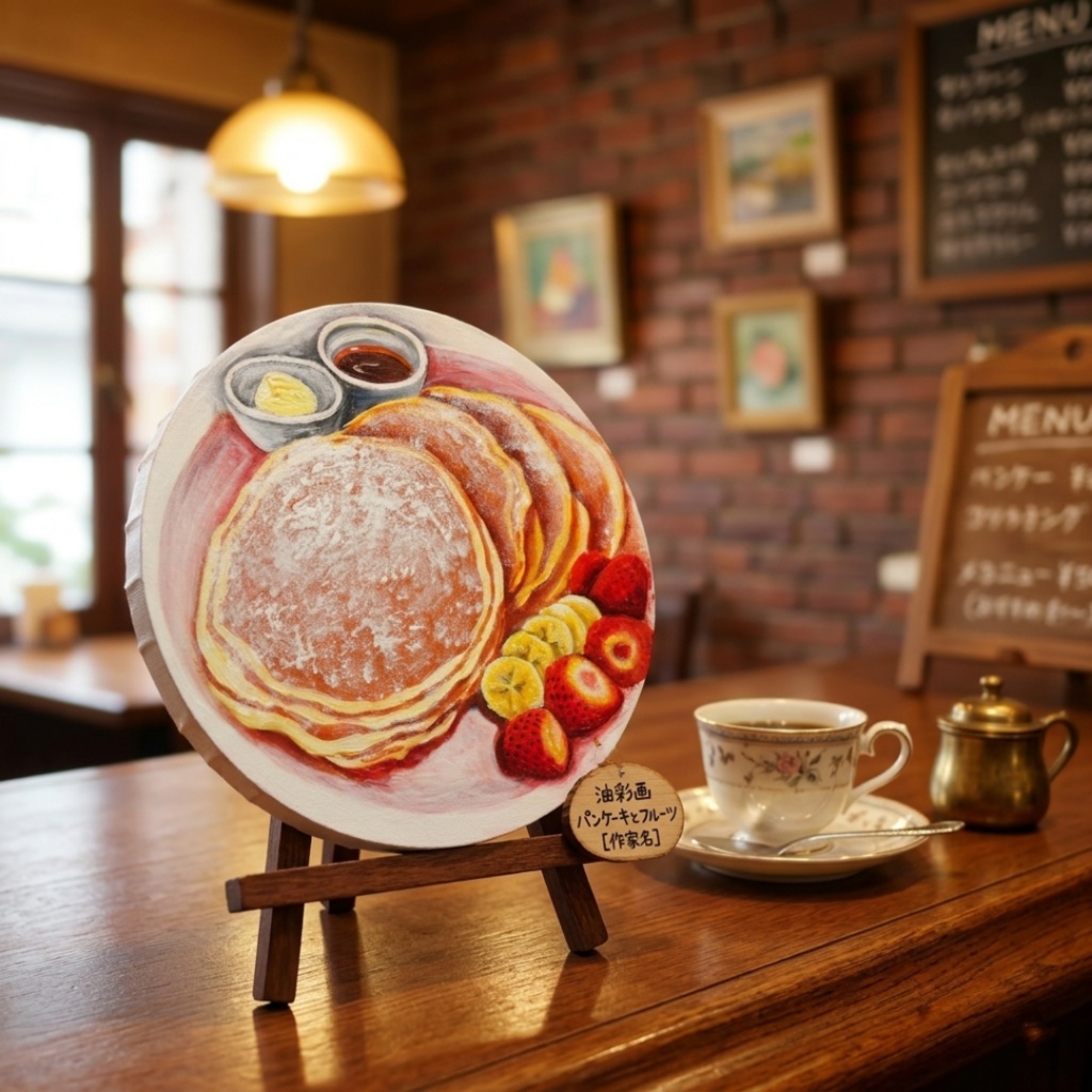 至福のひととき。甘い香りに包まれるパンケーキの油絵 カフェ風インテリア