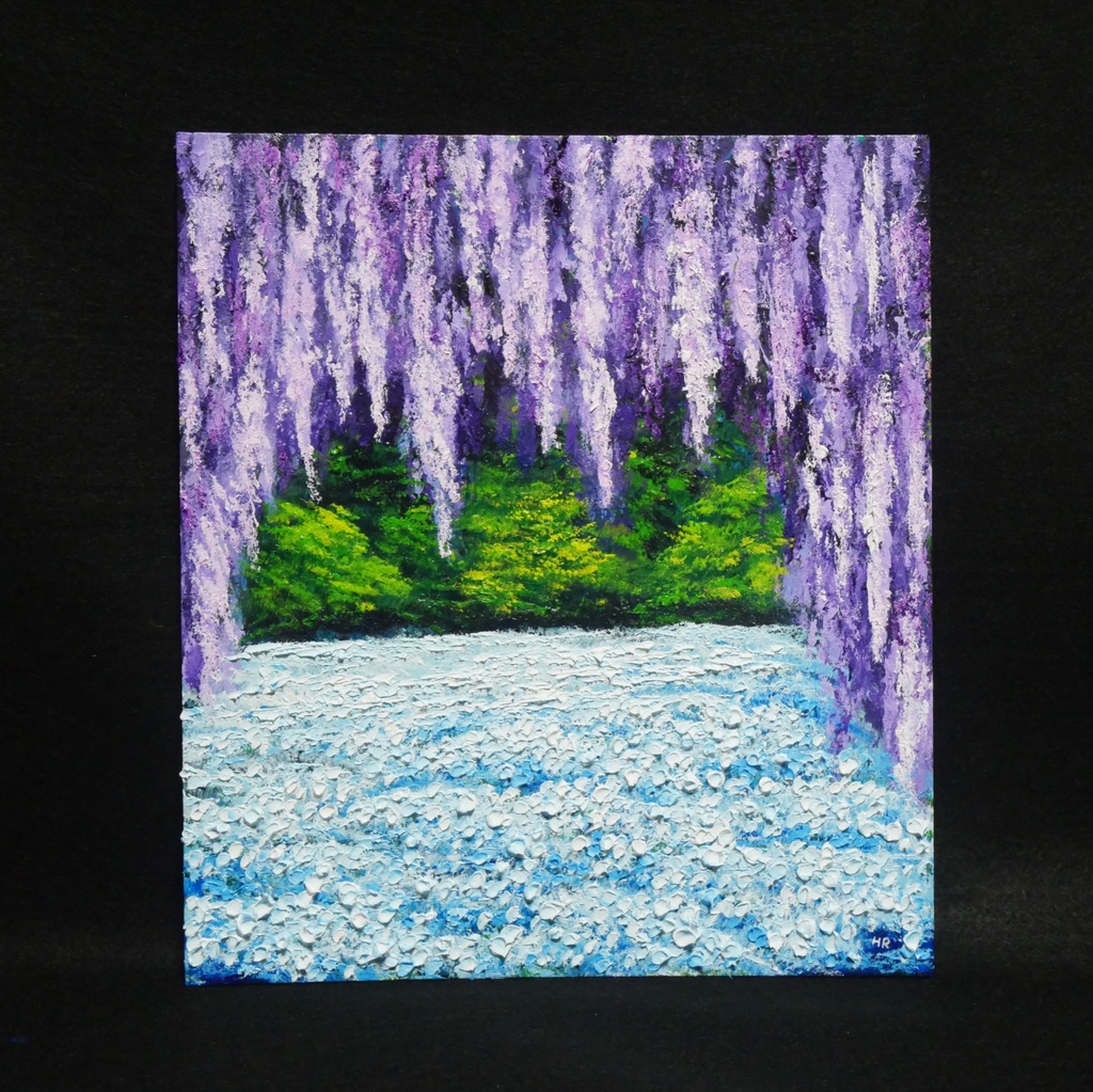 【藤のカーテンを抜けて】癒やしの紫 幻想的な藤棚の油彩画 一点物