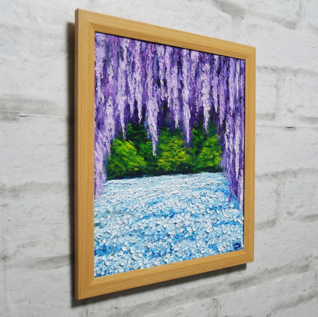 【藤のカーテンを抜けて】癒やしの紫 幻想的な藤棚の油彩画 一点物