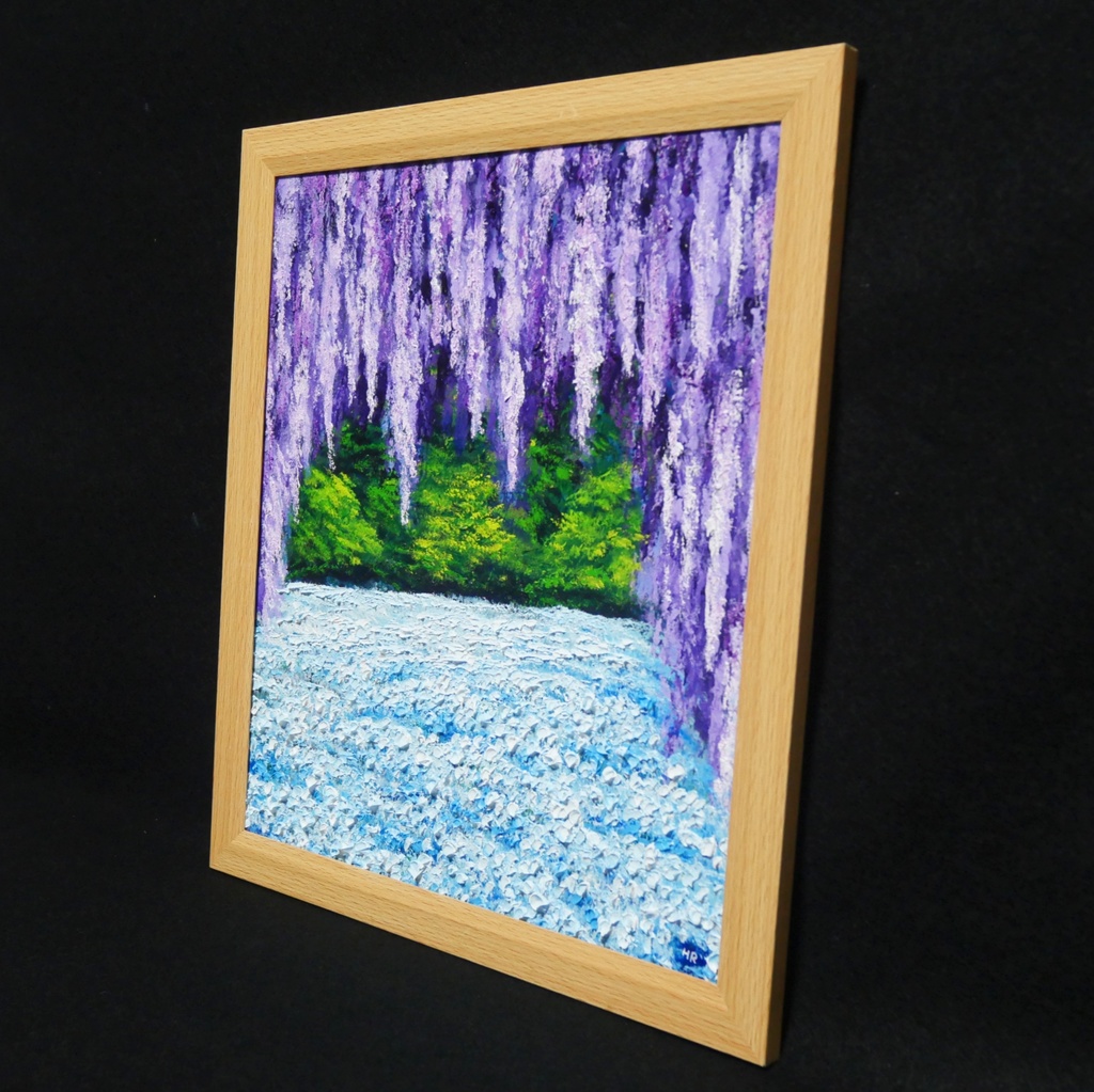 【藤のカーテンを抜けて】癒やしの紫 幻想的な藤棚の油彩画 一点物