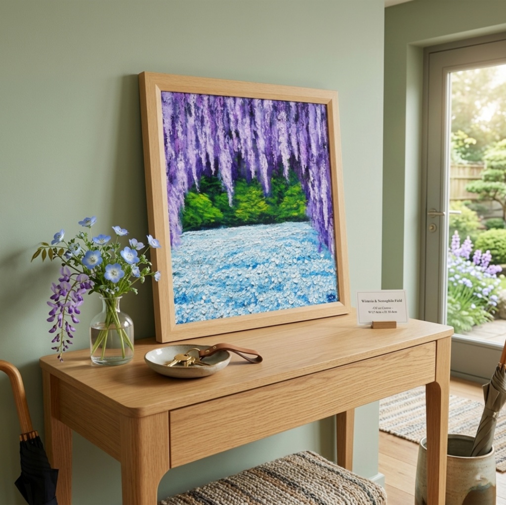 【藤のカーテンを抜けて】癒やしの紫 幻想的な藤棚の油彩画 一点物