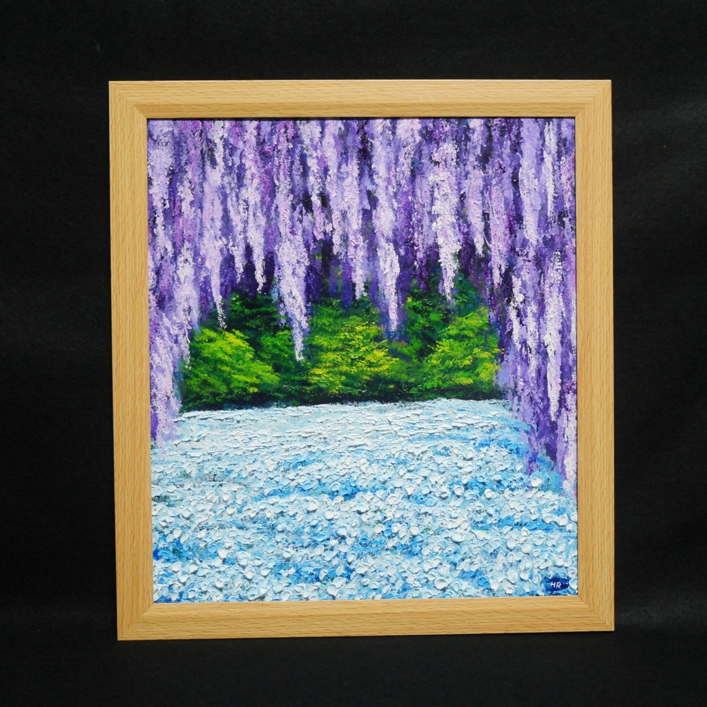 【藤のカーテンを抜けて】癒やしの紫 幻想的な藤棚の油彩画 一点物