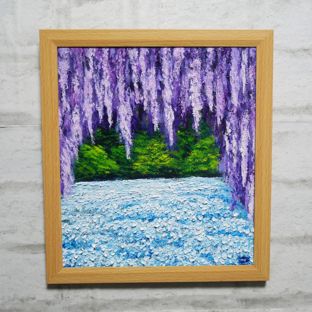 【藤のカーテンを抜けて】癒やしの紫 幻想的な藤棚の油彩画 一点物