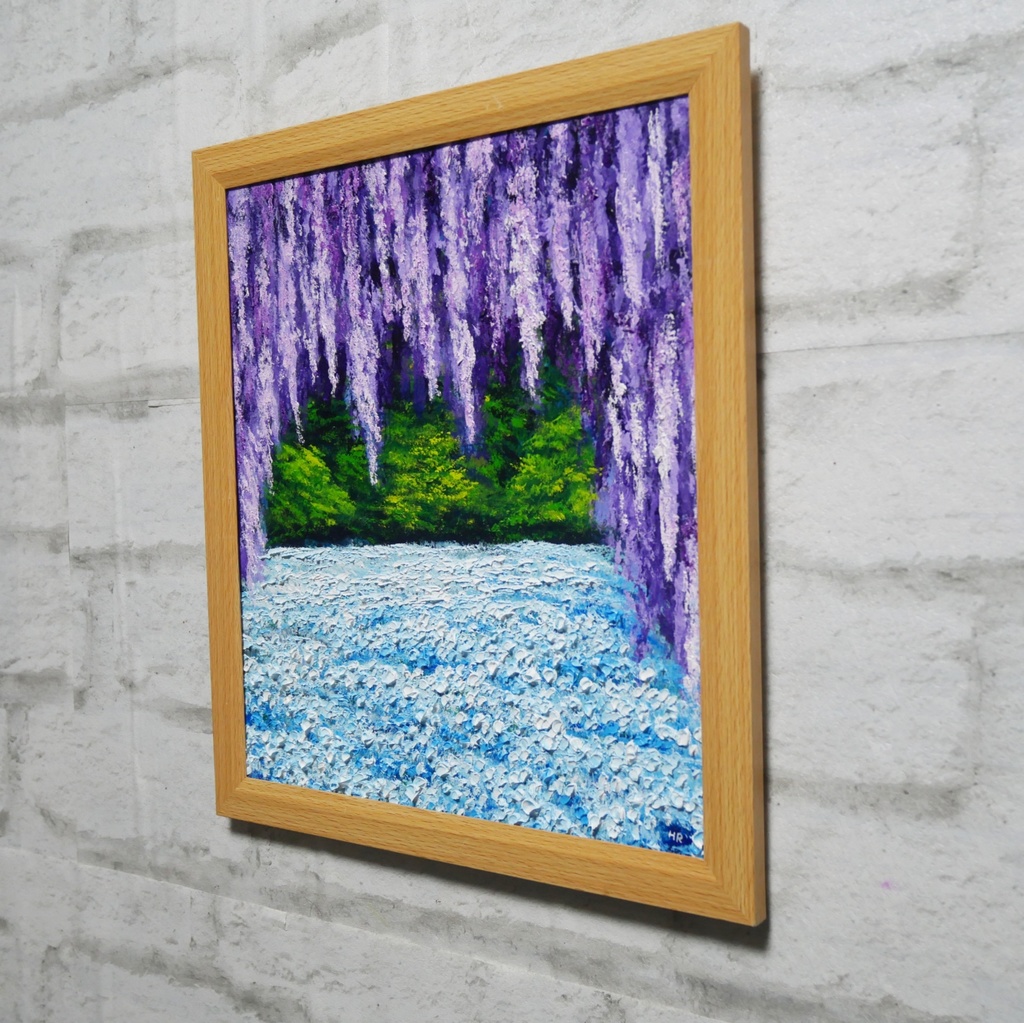 【藤のカーテンを抜けて】癒やしの紫 幻想的な藤棚の油彩画 一点物
