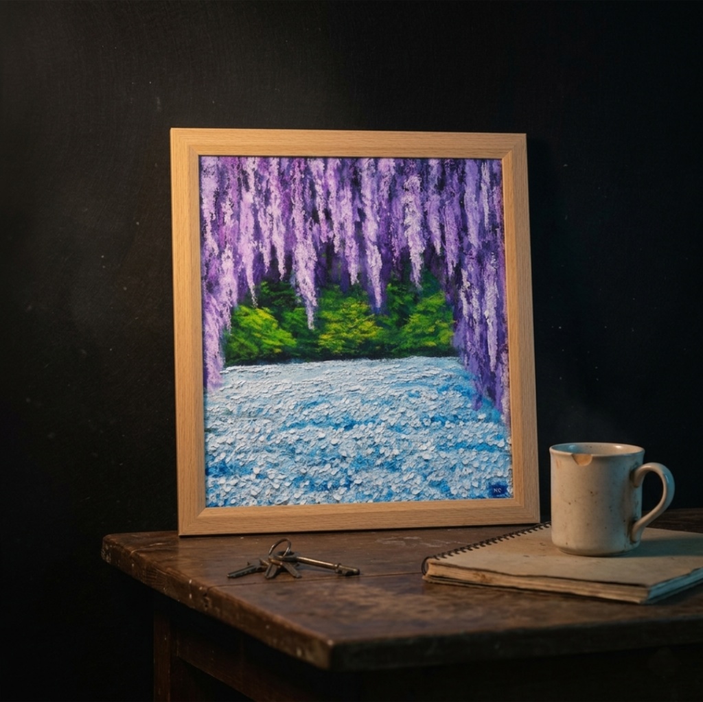 【藤のカーテンを抜けて】癒やしの紫 幻想的な藤棚の油彩画 一点物