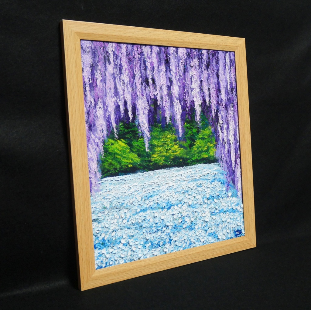 【藤のカーテンを抜けて】癒やしの紫 幻想的な藤棚の油彩画 一点物