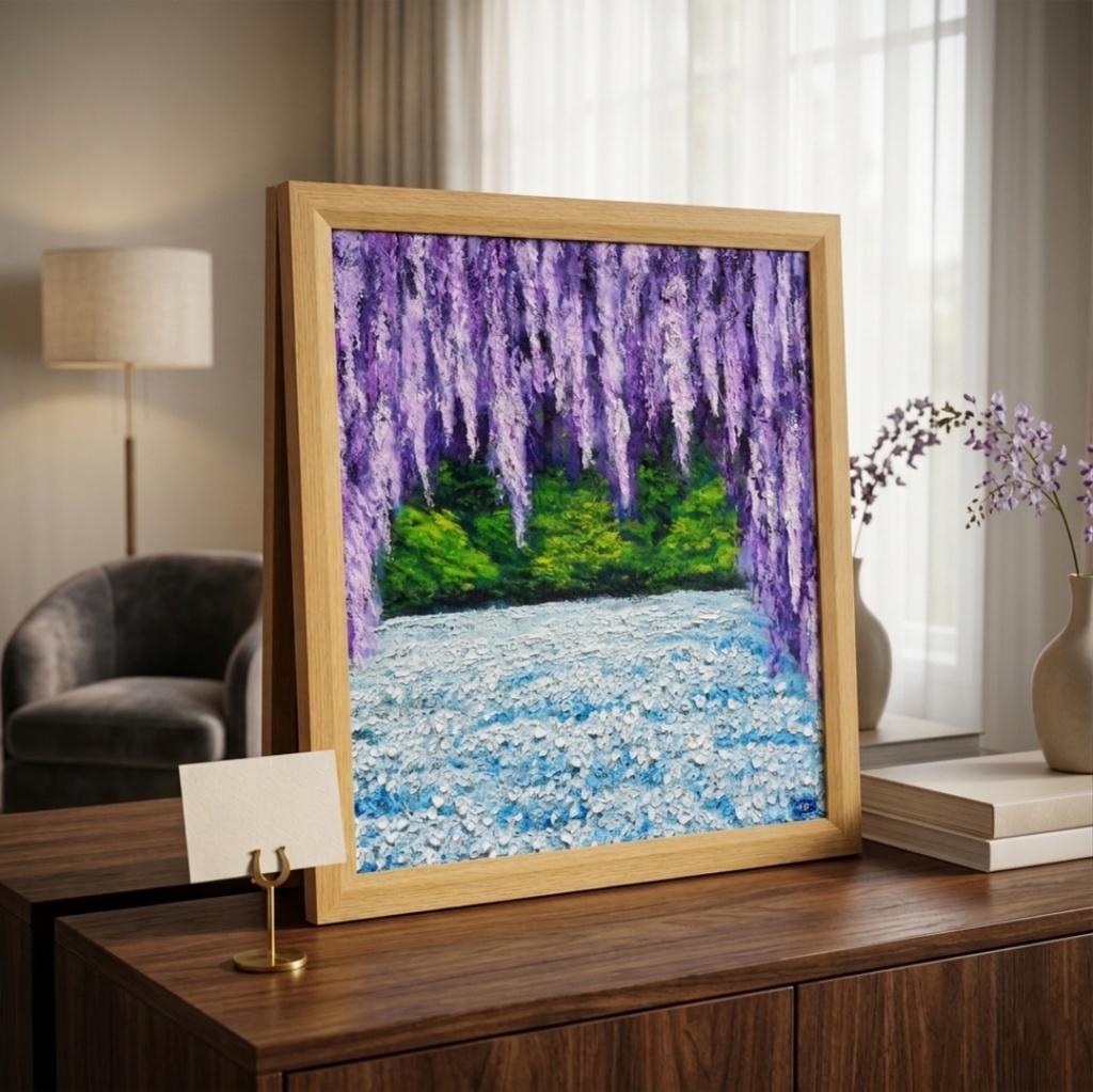 【藤のカーテンを抜けて】癒やしの紫 幻想的な藤棚の油彩画 一点物