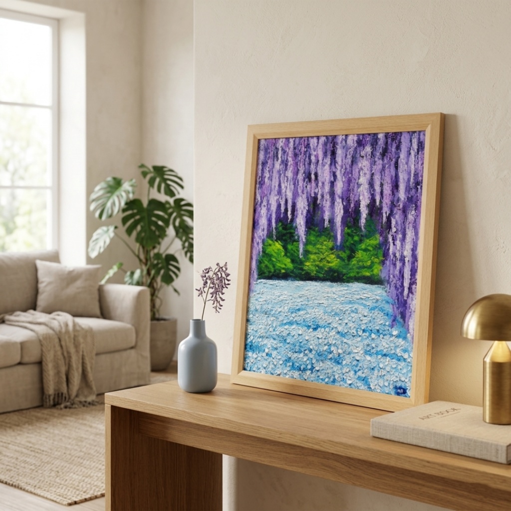 【藤のカーテンを抜けて】癒やしの紫 幻想的な藤棚の油彩画 一点物