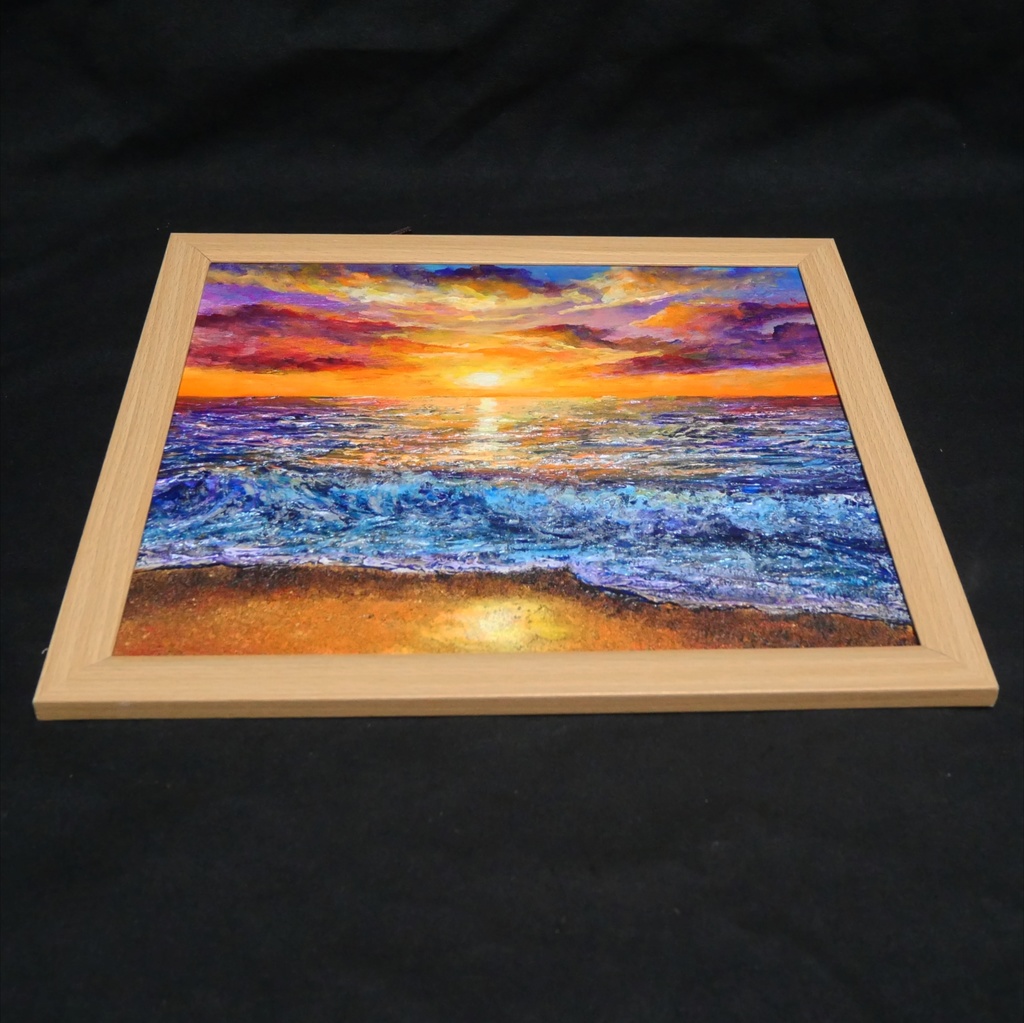 黄金色に輝く海と空の夕景 油絵 原画 色紙(サイズ) 【いつか見た黄金色の記憶】インテリア・ギフトに・父の日・お祝いに