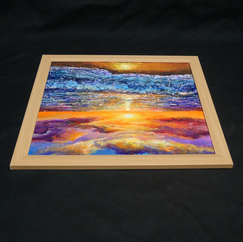 黄金色に輝く海と空の夕景 油絵 原画 色紙(サイズ) 【いつか見た黄金色の記憶】インテリア・ギフトに・父の日・お祝いに