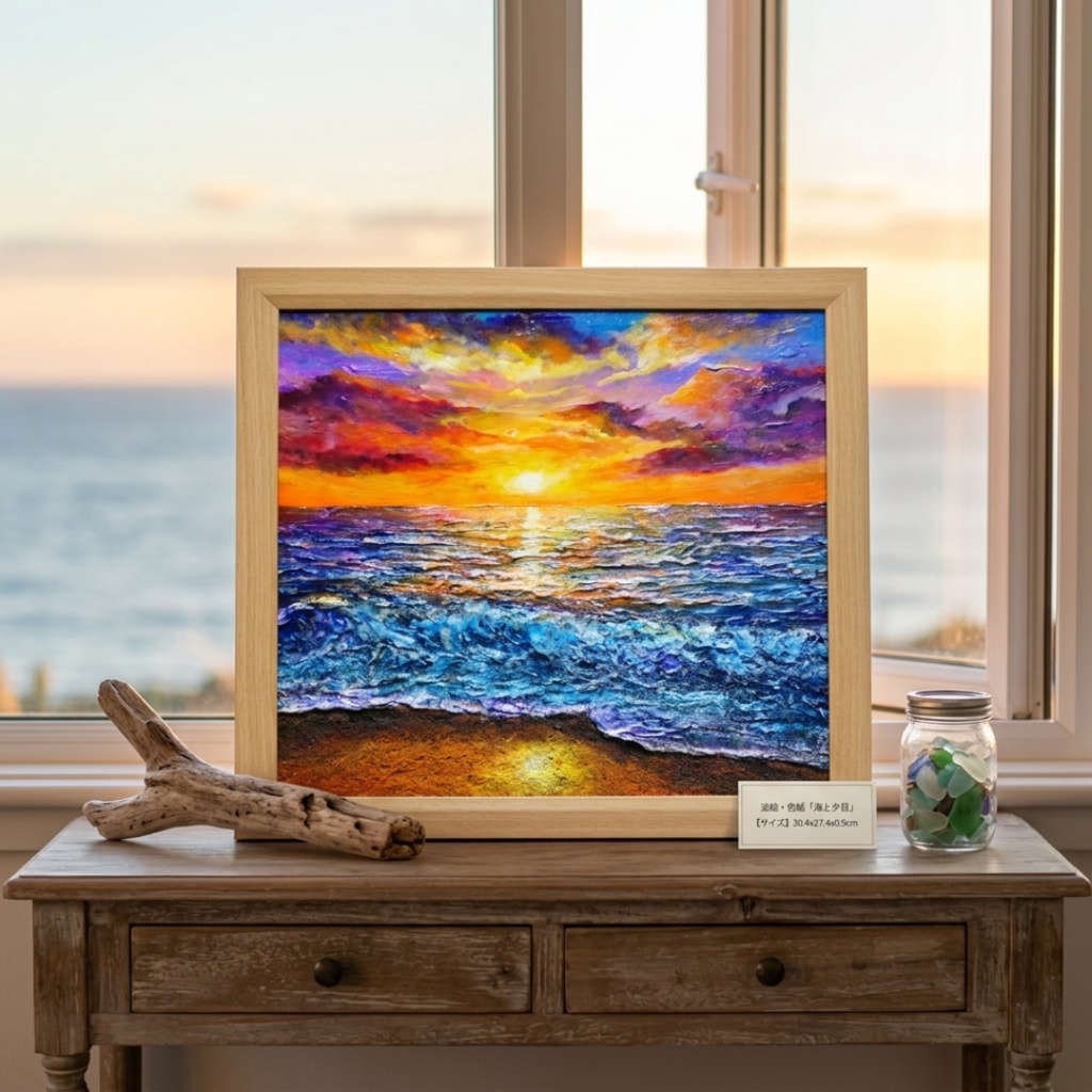 黄金色に輝く海と空の夕景 油絵 原画 色紙(サイズ) 【いつか見た黄金色の記憶】インテリア・ギフトに・父の日・お祝いに