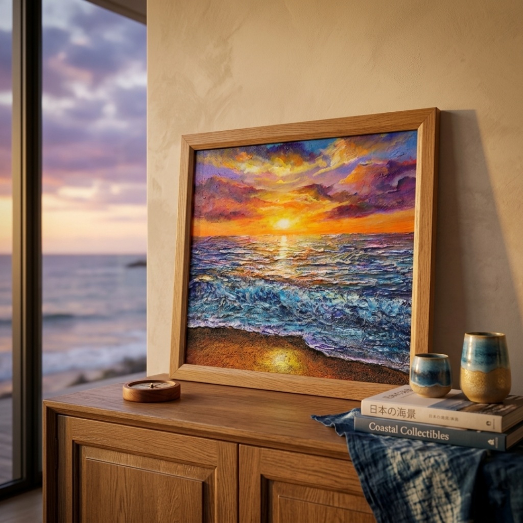 黄金色に輝く海と空の夕景 油絵 原画 色紙(サイズ) 【いつか見た黄金色の記憶】インテリア・ギフトに・父の日・お祝いに