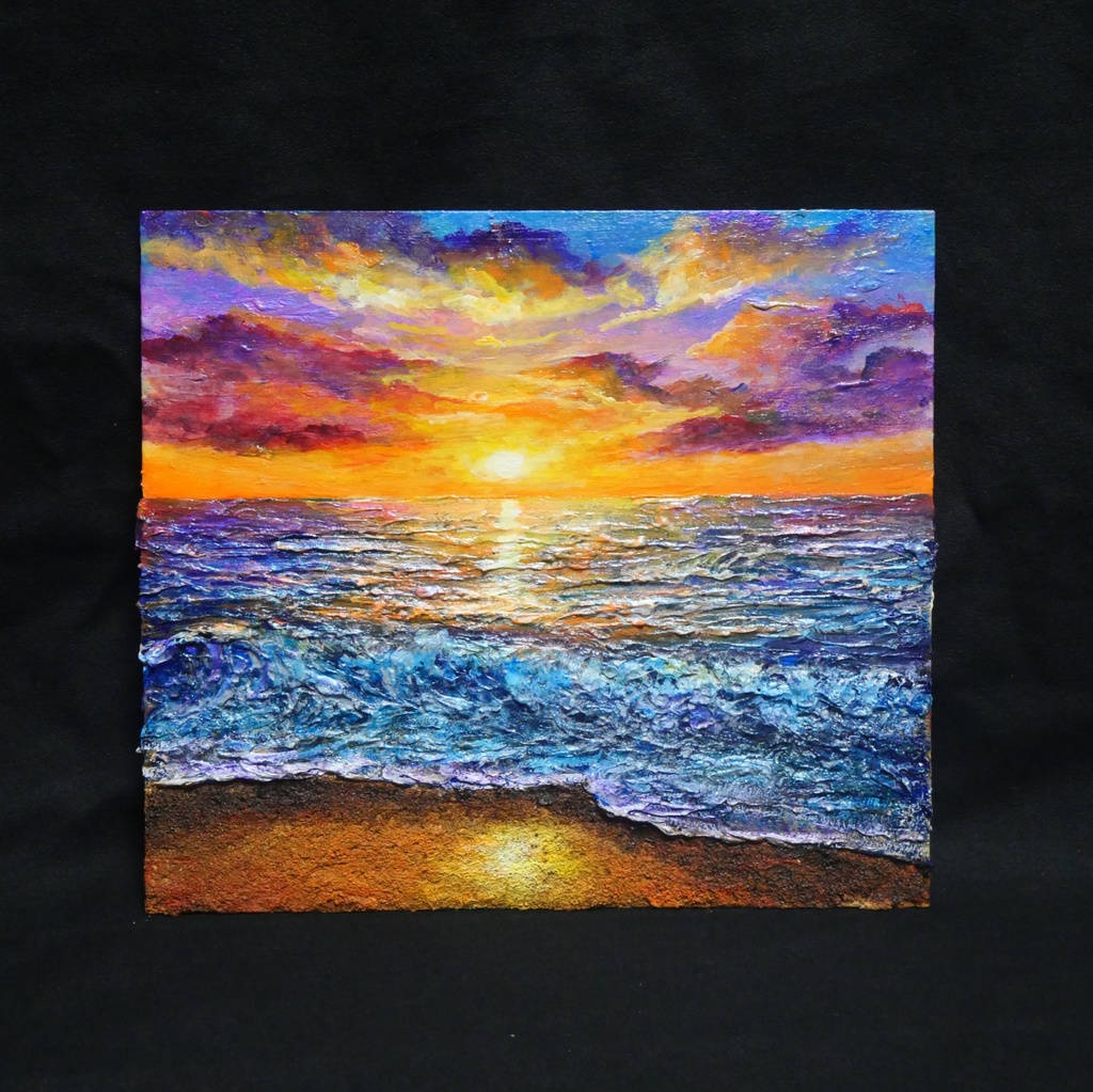 黄金色に輝く海と空の夕景 油絵 原画 色紙(サイズ) 【いつか見た黄金色の記憶】インテリア・ギフトに・父の日・お祝いに