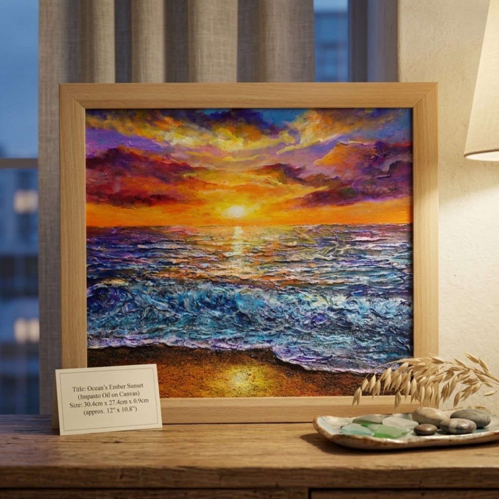 黄金色に輝く海と空の夕景 油絵 原画 色紙(サイズ) 【いつか見た黄金色の記憶】インテリア・ギフトに・父の日・お祝いに