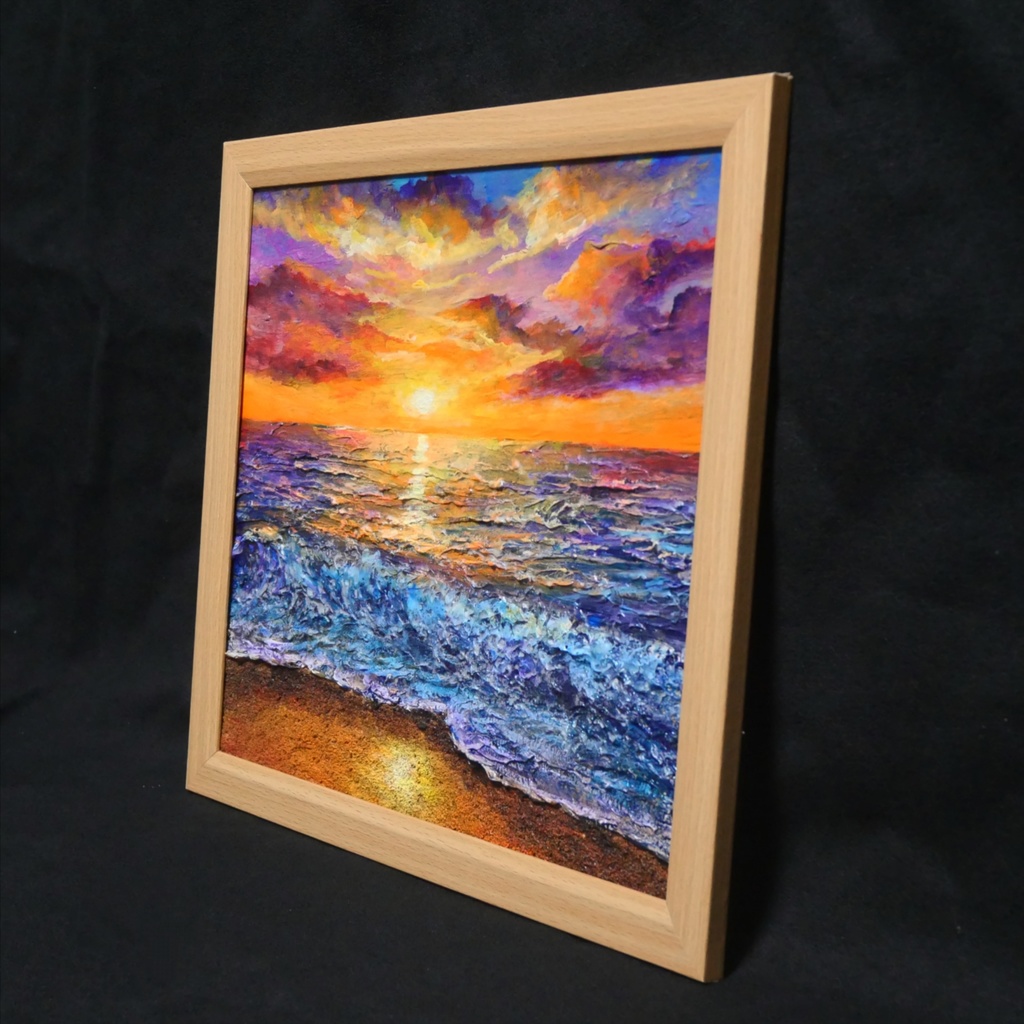 黄金色に輝く海と空の夕景 油絵 原画 色紙(サイズ) 【いつか見た黄金色の記憶】インテリア・ギフトに・父の日・お祝いに