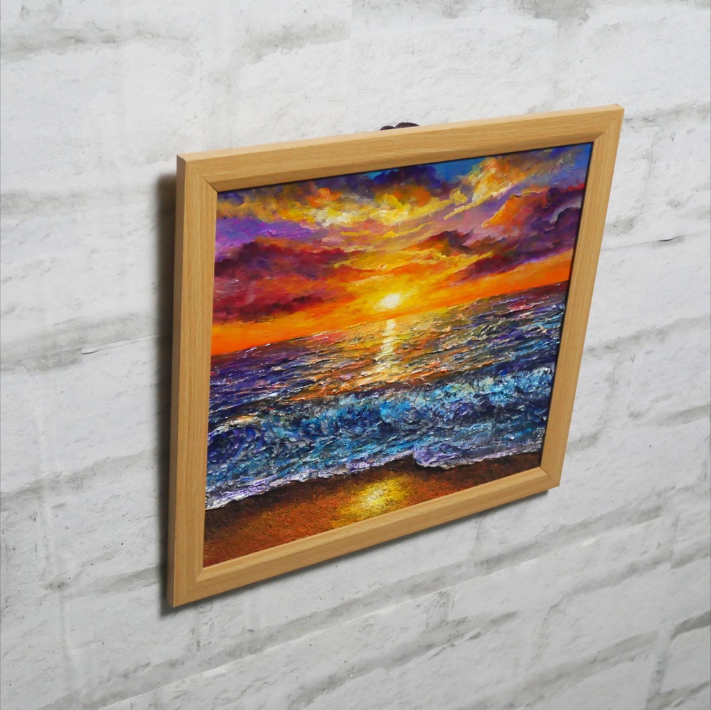 黄金色に輝く海と空の夕景 油絵 原画 色紙(サイズ) 【いつか見た黄金色の記憶】インテリア・ギフトに・父の日・お祝いに
