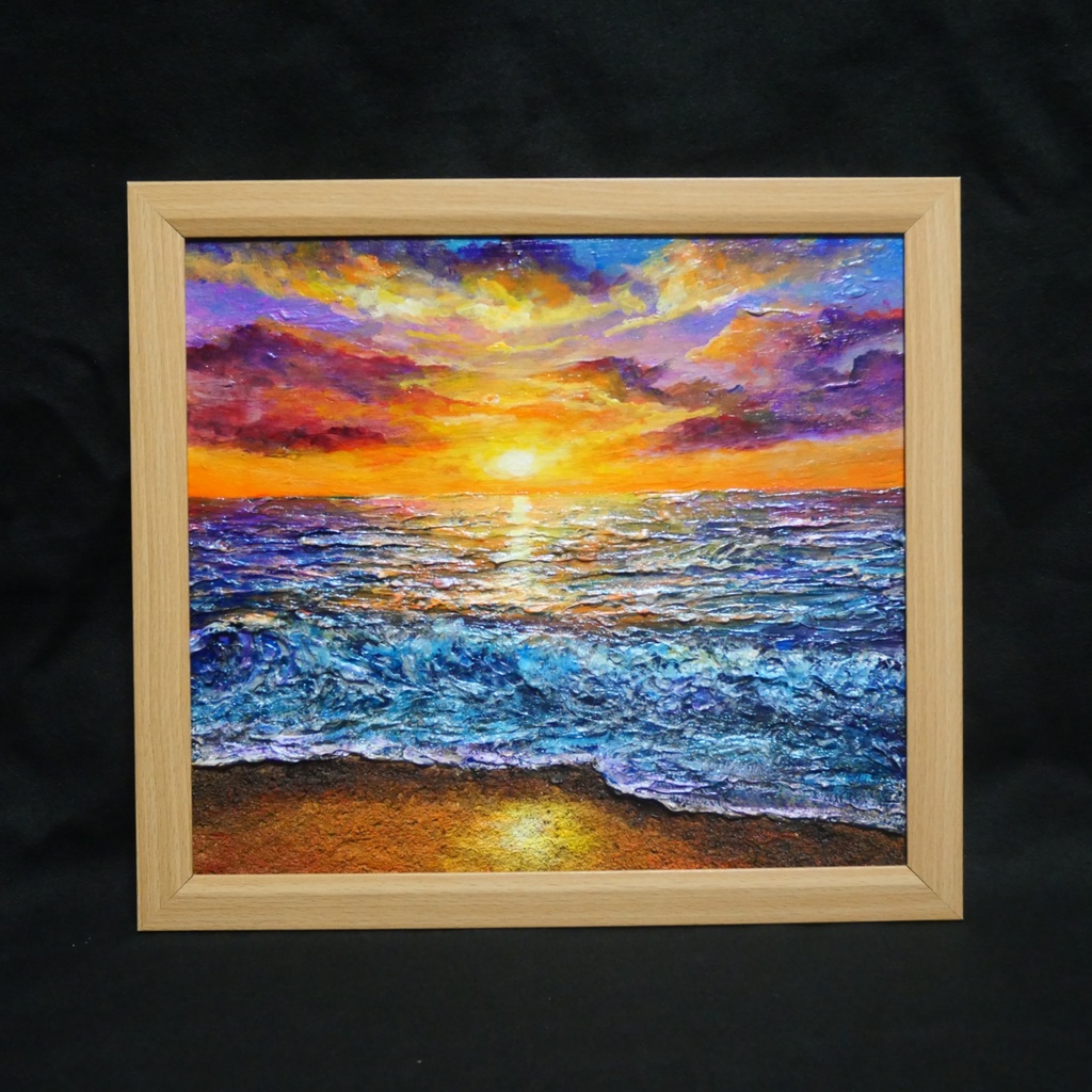 黄金色に輝く海と空の夕景 油絵 原画 色紙(サイズ) 【いつか見た黄金色の記憶】インテリア・ギフトに・父の日・お祝いに