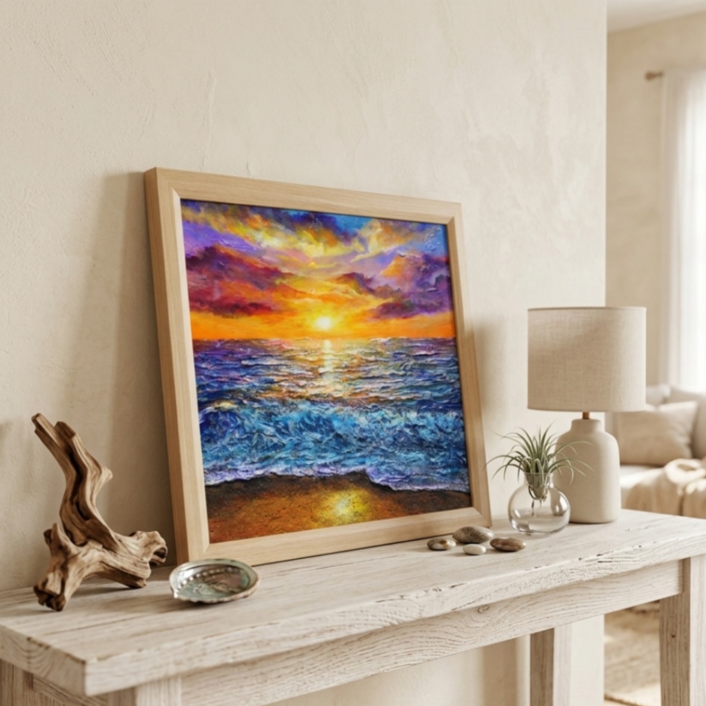 黄金色に輝く海と空の夕景 油絵 原画 色紙(サイズ) 【いつか見た黄金色の記憶】インテリア・ギフトに・父の日・お祝いに