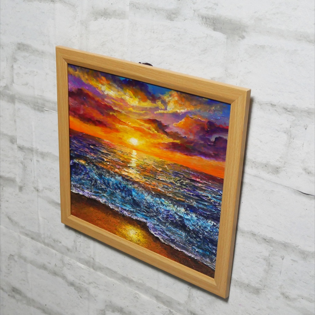 黄金色に輝く海と空の夕景 油絵 原画 色紙(サイズ) 【いつか見た黄金色の記憶】インテリア・ギフトに・父の日・お祝いに