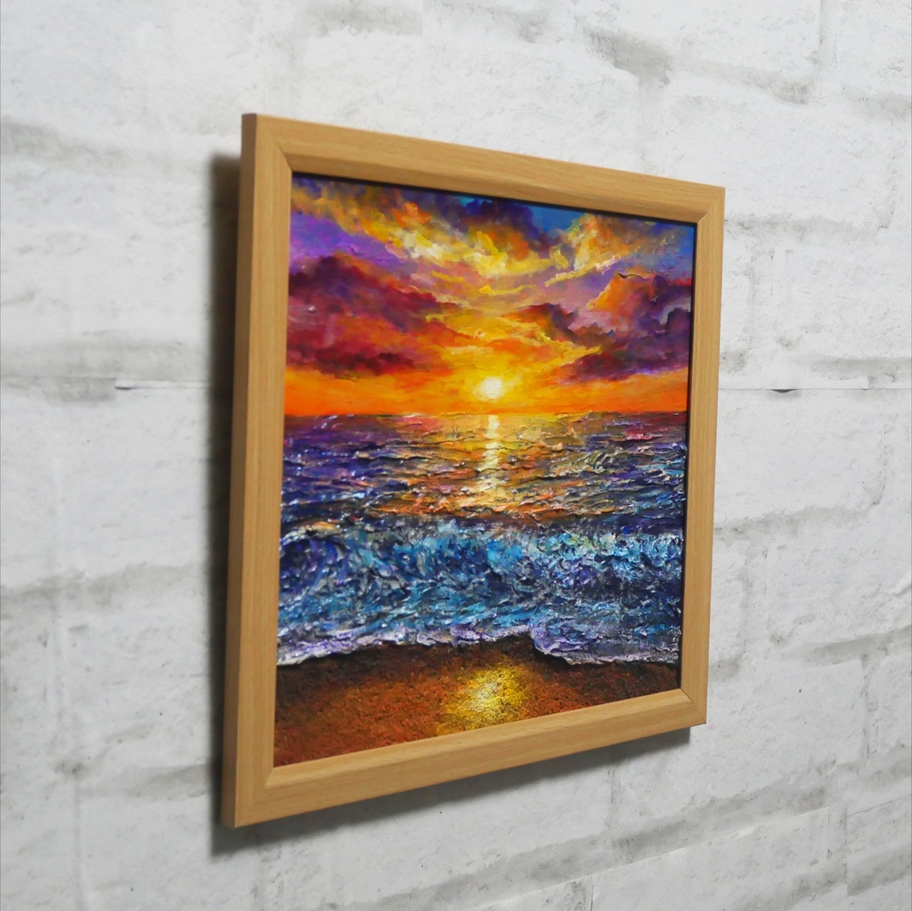 黄金色に輝く海と空の夕景 油絵 原画 色紙(サイズ) 【いつか見た黄金色の記憶】インテリア・ギフトに・父の日・お祝いに