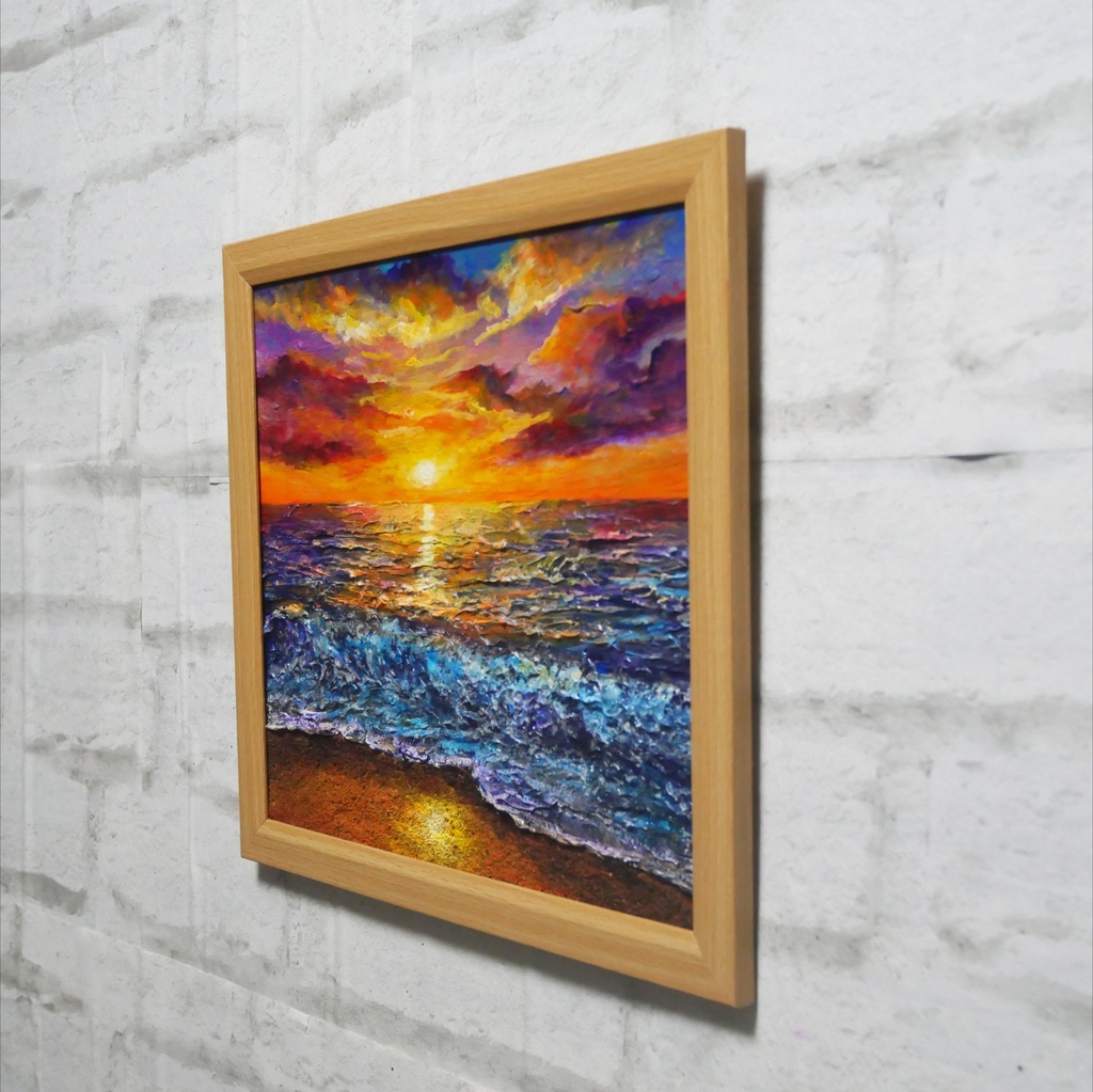 黄金色に輝く海と空の夕景 油絵 原画 色紙(サイズ) 【いつか見た黄金色の記憶】インテリア・ギフトに・父の日・お祝いに