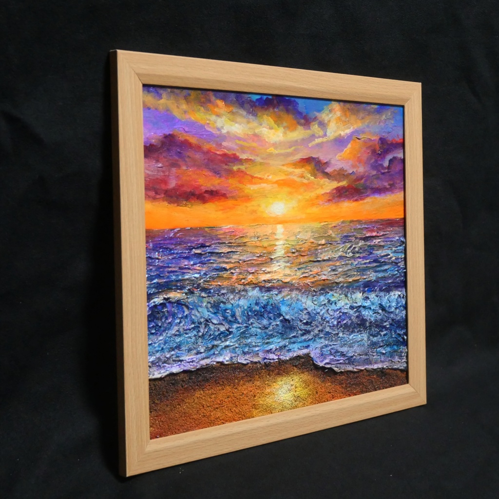 黄金色に輝く海と空の夕景 油絵 原画 色紙(サイズ) 【いつか見た黄金色の記憶】インテリア・ギフトに・父の日・お祝いに