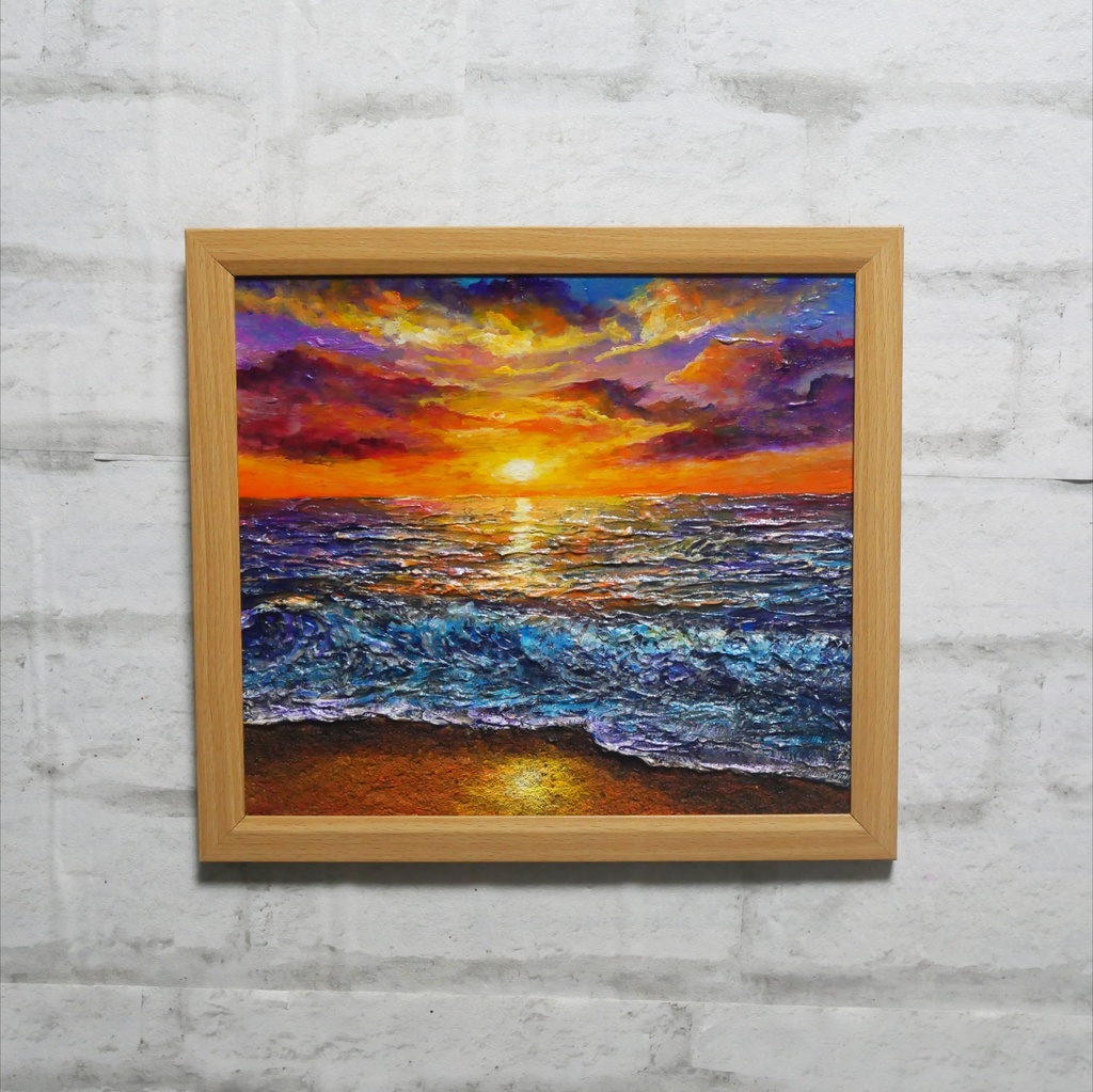 黄金色に輝く海と空の夕景 油絵 原画 色紙(サイズ) 【いつか見た黄金色の記憶】インテリア・ギフトに・父の日・お祝いに