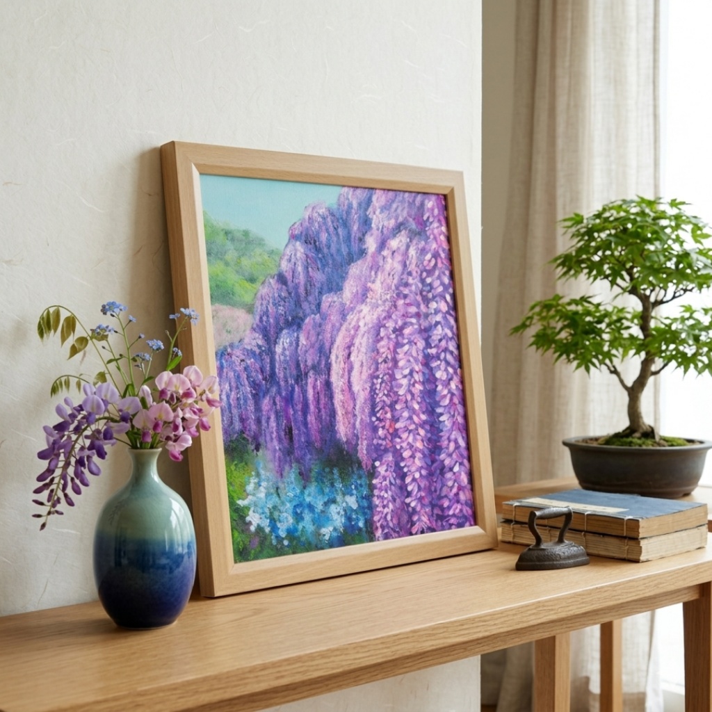 【原画】藤の花咲く春の風景「悠久の紫」 油絵/風景画/癒し/インテリア