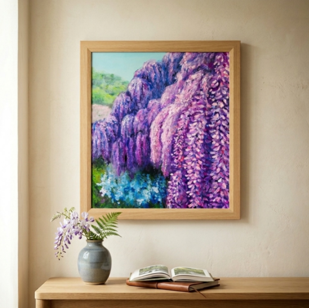 【原画】藤の花咲く春の風景「悠久の紫」 油絵/風景画/癒し/インテリア